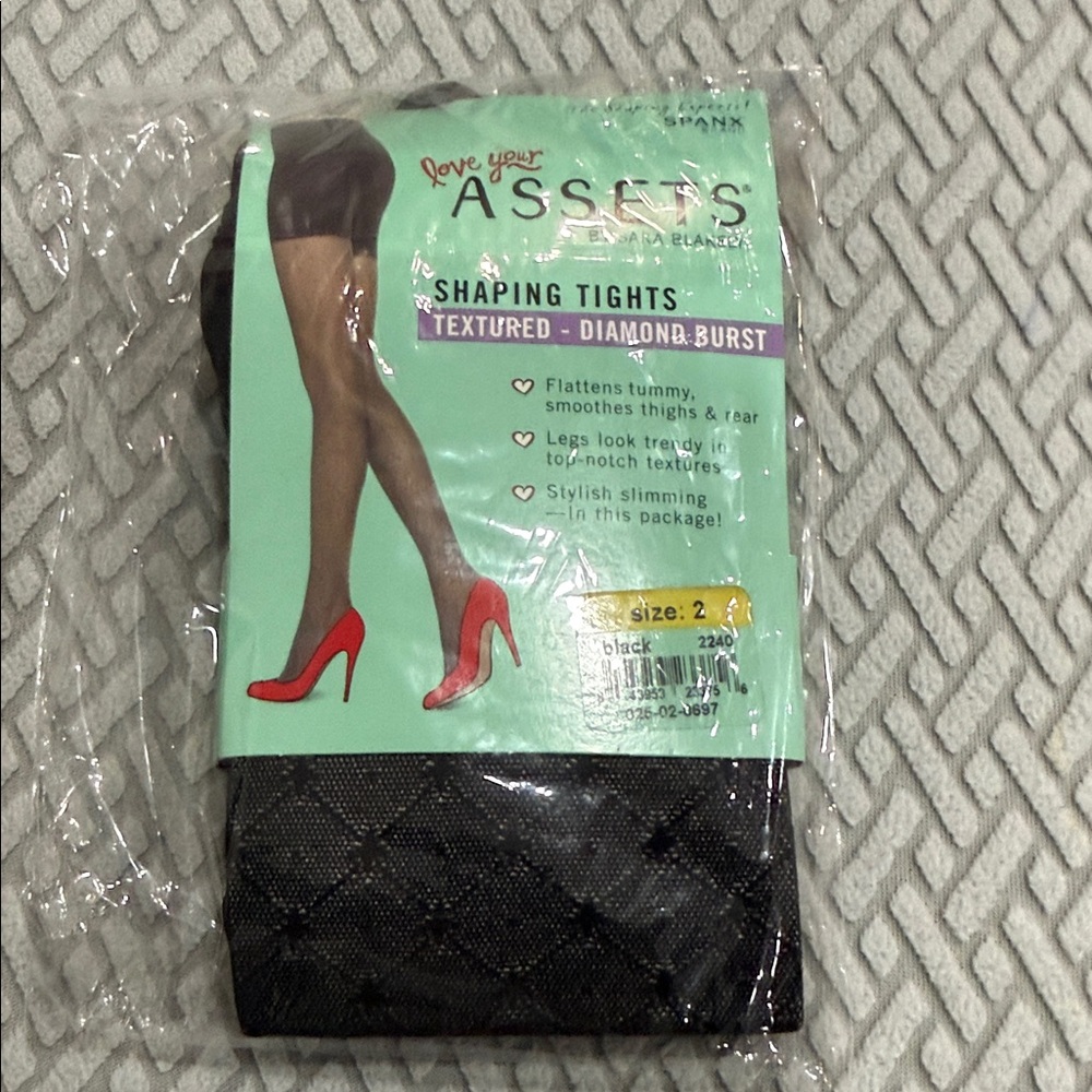 SPANX LOVE Your Assets Textured Diamond Burst Slimming Shaping Tights Black Sz 2